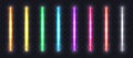 Neon light tubes set. Colorful glowing halogen or led light lamps. Realistic neon illuminated lines, borders and frame elements